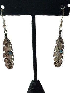 3/$20 NWT Feather Drop Earrings with‎ Turquoise Accent - Silver Tone